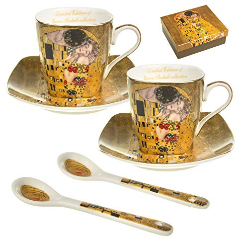 Queen Isabell Espresso Porcelain Set for Two People Cups with Saucers and Spoon The Kiss Klimt Gift Idea 2 x 80 ml