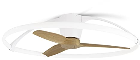 Mantra Iluminación. Modelo NEPAL. Ventilador y plafón de techo de 105 cm de diámetro en color blanco y haya. Fuente de luz LED 75W 2700K-5000K 7200lm. Ventilador 35W