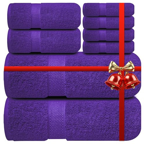 Infinitee Xclusives Premium Bath Towel Set 8-Piece (2 Bath Towels, 2 Hand Towels, 4 Washcloths), Super Absorbent Soft 100% Ring-Spun Cotton for Spa, Gym, Hotel & Bathroom |Profound Purple|