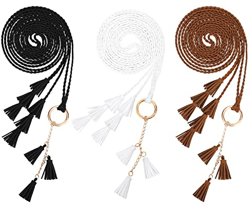 JasGood 3 Stück Damen Dünner geflochtener Taillengürtel Einfarbig Gewebte Quasten Gürtel, Schwarz/Weiß/Kaffee,165cm