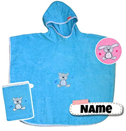 Stickling Badeponcho + Waschlappen mit Name bestickt | Baumwolle | personalisiert mit Namen | Kapuzenbadetuch Bademantel Kinder | Badetuch mit Kapuze | bis 7 Jahre (Hund türkis)