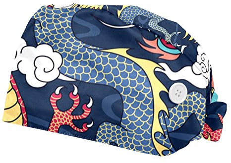 Pulongpoq Unisex Haarhut, verstellbar, Bouffant-Kappe, 2 Stück, Arbeits-Schlupfmütze, Druckkappe mit Knopf, chinesische Mythen, Legenden, Drache, Rot, Marineblau