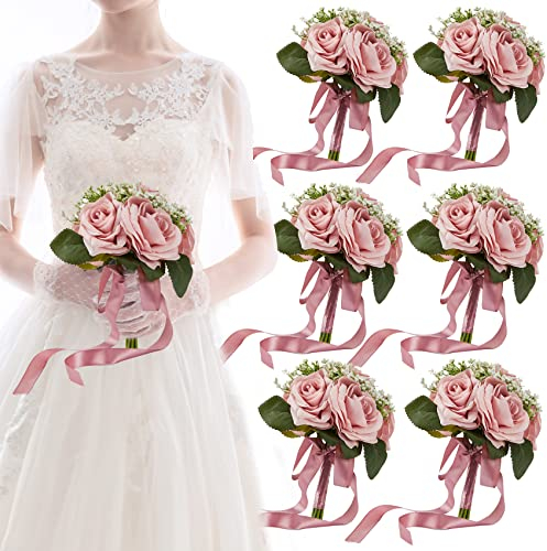 Meldel 16,5 cm Brautjungfernstrauß Set mit 6 Stück, Hochzeitssträuße für Brautjungfern, Rosen-Brautjungfernsträuße für Hochzeit, künstlicher Hochzeitsstrauß, Blumenhochzeits-Mittelstücke