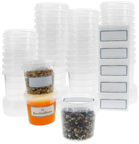 40 Stück Dosen mit Deckel rund Ø 69mm Feinkostbecher 155ml mit Aufkleber | Plastikdose transparent, Vorratsdosen auslaufsicher, stapelbar, Universal Becher für Saucen, Barf, Basteln, Industriestandard