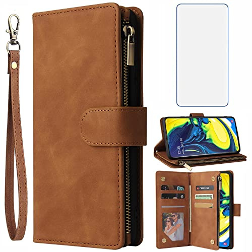 Asuwish Handyhülle für Samsung Galaxy A80 Hülle mit Folie Schutzfolie und Kartenfach Klappbar Leder Geldbörse Ständer Reißverschluss Schutzglas A 80 Wallet Handy Hüllen Schutzhülle Phone Case Braun