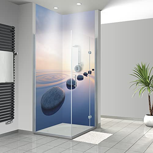 WANDFREUDE Duschrückwand Aluverbundplatte auf Maß, Steine im See | 2 Stück, Premium Matt Lack, individuelle Wandverkleidung Dusche, Duschwandverkleidung, Duschwand Verkleidung, Bad