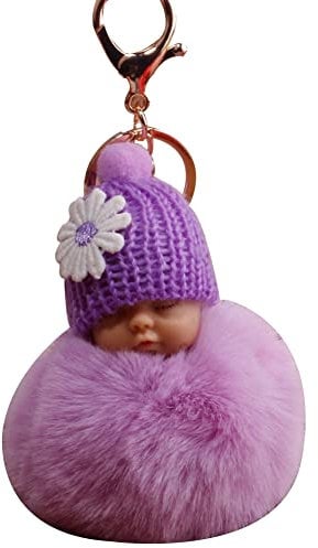 HshDUti Keyring Keychain for Women Men Cute Fur Pompom Sleeping Baby Doll Key Chains Keyrings Bags Charm Pendant Gifts for Women Girls Mother Mum Jewellery Violet