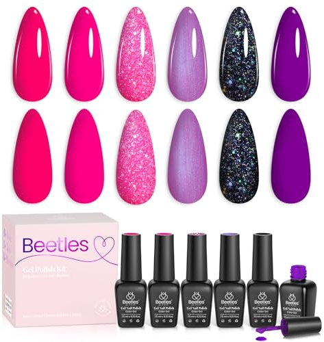 Beetles Neon Gel Nail Polish Set, 6 Colours Spring Glitter Purple Pink Black Shimmer Electric Carnival Soak Off Uv Gel Polish Swirl Thread Effect DIY Manicure Art Valentines Gift for Her