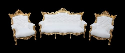 Casa Padrino Barock Wohnzimmer Set Master Weiss/Gold Lederoptik - 3-er Sofa + 2 Sessel
