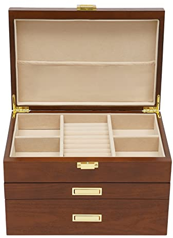 Schmuckkasten 3 Ebenen Schmuckkästchen Retro Schmuckaufbewahrung Groß Schmuckbox Schmuckvitrine für Ringe Ohrringe Armbänder und Halsketten (Braun)