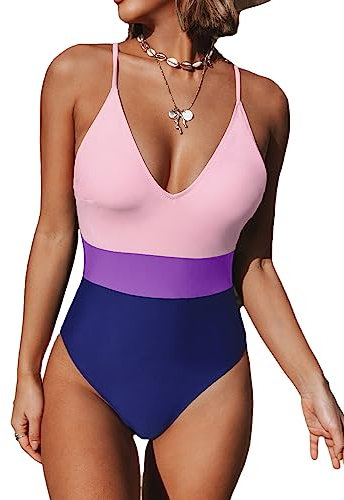 CUPSHE Costume da bagno intero per le donne costumi da bagno profondo scollo a V incrociato indietro blocco di colore, Rosa, viola., XL