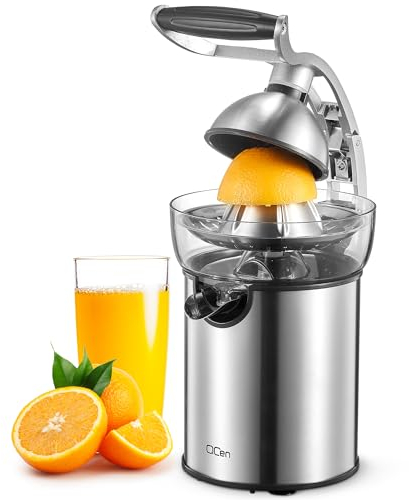 QCen Electric Citrus Juicer, Electric Juicer for Orange, Lemon and Lime with Rubber Handle and Two Size Cones, Non-Drip Spout, Easy to Clean and Use, BPA Free, Black/Steel