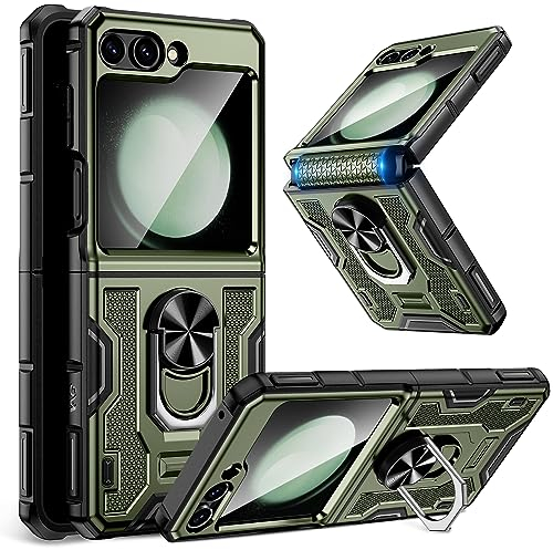 Doeshine for Samsung Galaxy Z Flip 5 Case with Magnetic Ring Kickstand, Built in Back Screen Protector & Hinge Protection, Heavy Duty Shockproof Hard Cover for Samsung Galaxy Z Flip 5 (Green)