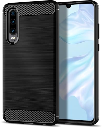 Qiinogow Hülle Kompatibel mit Huawei P30, Ultradünne Handyhülle Mit Stoßdämpfung, Schutzhülle aus Kohlefaser-TPU (Schwarz)