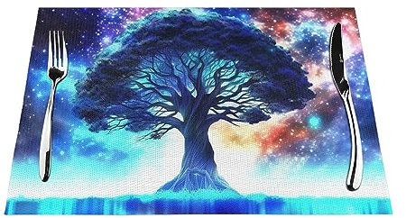 Galaxy Tree Of Life Placemats Set Of 6 Pcs, Heat Resistant Non-Slip Place Mats For Dining Table, Washable Durable Pvc Vinyl Woven Table Mats