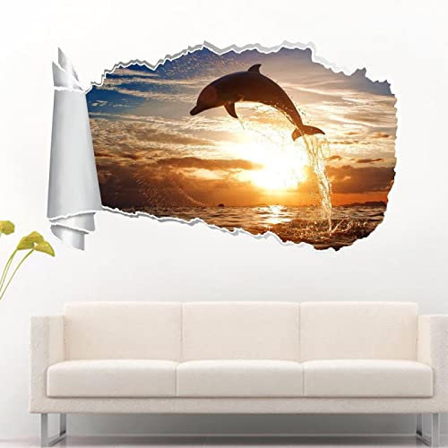 Wandtattoo Rissig DIY Fototapete Delfin Sonnenuntergang 3D Zerrissenes Loch Zerrissener Wandaufkleber Aufkleber Dekor Wandbild Kunst Fisch 70x100CM
