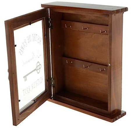 HOOTNEE Wall-Mounted Wooden Key Holder Box Glass Door Entryway Storage Cabinet Rustic Brown Key Organiser for Home Compact Retro Style Storage Solution