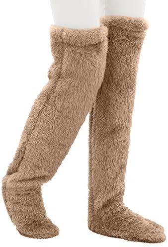 GWAWG Over Knee Sock Slippers,High Fuzzy Long fluffy Socks,Leg Warmers Winter Home Cover Knee Slipper Socks for Women (BROWN)