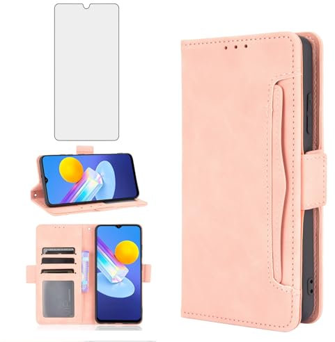 Asuwish Handyhülle für Vivo Y53s/Y72 5G/iQOO Z3 Hülle mit Glas Folie Schutzfolie Kartenfach Klappbar Leder Geldbörse Ständer Panzerfolie Y 53s 72 Handy Hüllen Schutzhülle Cover Phone Case Roségold