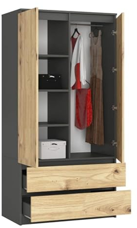BDW Armoire de Rangement - Penderie à 2 Portes, 4 Etagères, 2 Tiroirs - Armoire Chambre à Coucher, Salon, Entrée - Placard Stylé pour Intérieur Moderne - 180x90x51cm - Gris/Chêne Artisan
