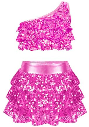 Freebily Vestito da Ballo Bambina Latino Americano Monospalla Abito da Ballo Tango Paillettes Crop Top Canotta + Gonna di Danza Classica Culottes Vestito da Pattinaggio Jazz Rosa Caldo 9-10 Anni