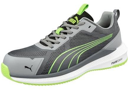 PUMA Safety Slide Low S1PS Sicherheitsschuh ESD – atmungsaktiv, metallfrei, vegan – rutschfeste Arbeitsschuhe mit Fiberglaskappe - Größe 44 – Damen & Herren Sicherheitsschuhe – grau, grün