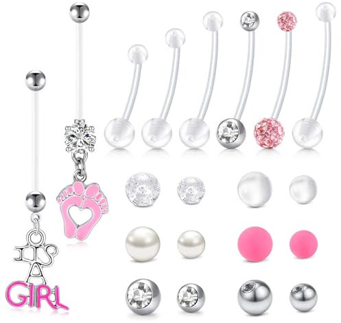 WillTen 14G Schwangerschaftspiercing Bauchnabel Dangly, 8Pcs Mutterschaft Bauch Bar mit 12Pcs Kunststoff Ersatz Bauch Bar Piercing Kugeln, Bioflex Lang Piercing Bauchnabel für Frauen