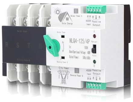 Notstrom Umschalter, 4P Automatischer Umschalter Notstrom Hutschiene, Dual Power Automatischer Transferschalter, 2 Wege übertragung, Für Kommunaler Strom, USV, Solar (NLQ4-125/4P 100A 220V) (Weiß)
