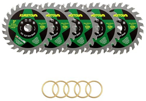 KURSTOL Hartmetall Trennscheibe für Holz - 75mm x 5 TCT Scheiben für Holz Kunststoff Sperrholz Spanplatten Mehrschichtplatten mit 11,12mm Bohrung, 11,12/9,5mm Unterlegscheibe
