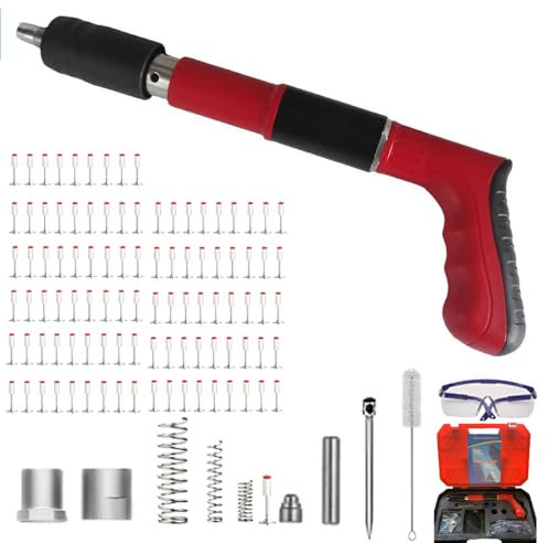 Nail Gun, Concrete Nailer, Nail Gun, Portable Nail Gun, with 100 Pieces Concrete Nails, Glasses, Plastic Box 5 Gears, Adjustable Double Silent for Cement Wall, Home (Red)