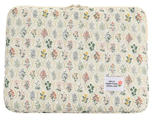 CHAMAIR Puffy Laptop Sleeve - 11 Inch Floral Laptop Bag for Women - Quilted Carrying Case - Aesthetic Macbook Sleeve - Compatible for Notebook - Cover 11'' (Green Flower)