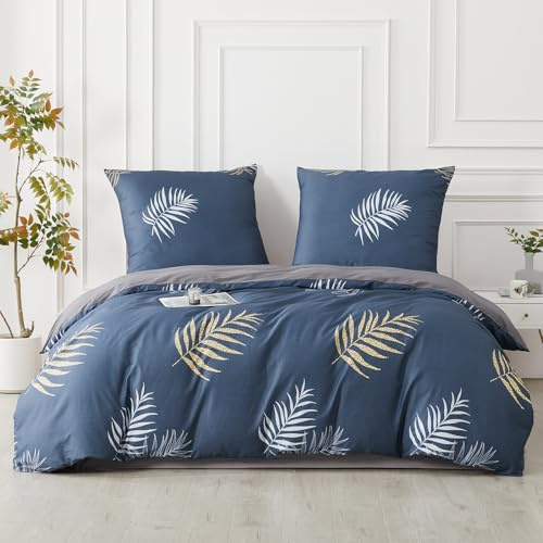 SAPHREAS Bettwäsche 200x200 Blau Bettwäsche Sets Baumwolle Blätter Pflanzen Botanisch Bettwäsche 3teilig Kuschelige 1 Dunkelblau Bettbezug 200x200 cm mit Reißverschluss + 2 Kissenbezüge 80x80 cm