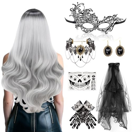 8 Stück Halloween Perücke Damen Grau, Cosplay Kostüm Set, Silber Grau Lang Lockig mit Gothic-Schmuck Maske Spitzenhandschuhe Schleier Gesichtstattoos, für Halloween,Karneval,Maskerade und Cosplay