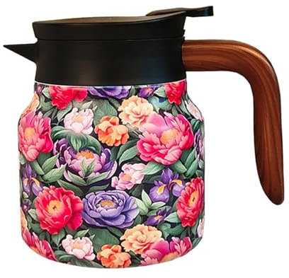 Teiera isolata, caraffa termica per il giorno del Ringraziamento, Natale, teiera retrò, caraffa termica – Teiera in acciaio inox con colino da tè, teiera con motivo floreale vintage | NO