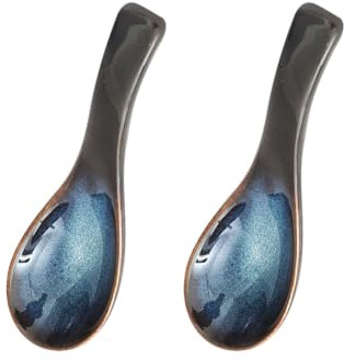 2 Pcs Ceramic Chinese Soup Spoons Blue Japanese Ramen Spoons Asian Wonton Spoons Cereal Noodles Spoons Appetizer Rice Spoons Dinner Spoons for Eating