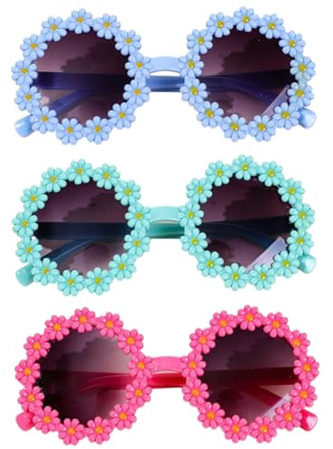 KGDUYC 3pcs Daisy Runde Sonnenbrille, Party Brille Rund, Retro Brille Blumenform, Hippie-Sonnenbrille, Retro Partybrille, Brille Blume, Blumen Partybrille, Mit Kind geeignet (blau + rosa + grün)