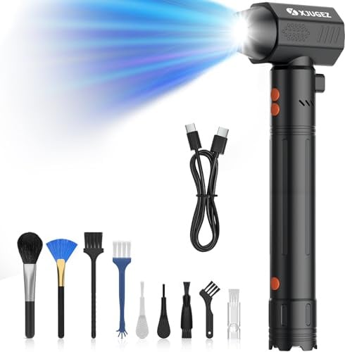 XJUGEZ Soplador de Polvo Eléctrico,180000RPM Soplador de Aire Potente con Enchufe de 25W y LED,4 Velocidades Soplador de Aire para PC,Pistola Aire Comprimido Limpieza PC,Sofá,Teclado,Coche-Negro