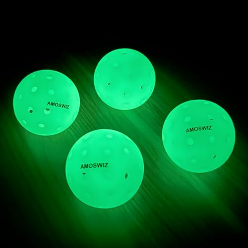 Amoswiz Pickleball-Bälle, leuchtet im Dunkeln, verbesserte nahtlose Outdoor-Pickleballs, 4 Stück, leuchtende Pickle-Bälle, heller und langlebiger für das Spielen bei Nacht