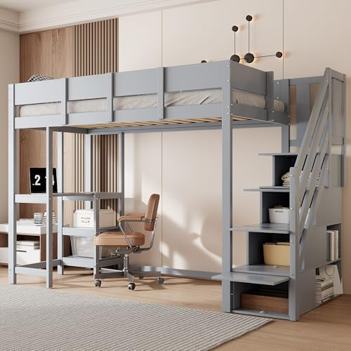 UIHECTA Hochbett Mit Treppe, Schreibtisch Und Kleiderschrank, Holz-Hochbett Mit Stauraum, Hohes Hochbett In Voller GrößE Kinder, Jungen, MäDchen Und Teenager, Kein Boxspringbett Erforderlich,Grau