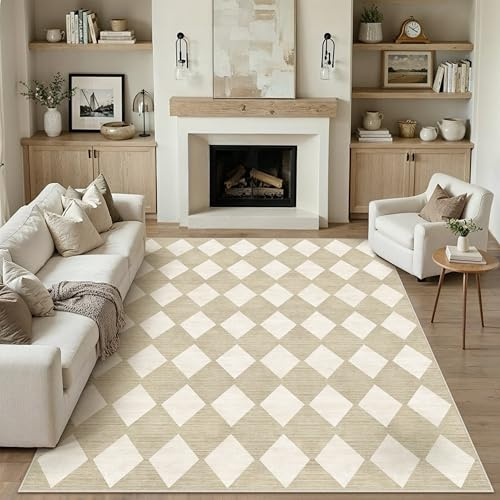 PureCozy Beige Teppich 240x300cm Wohnzimmer Waschbare Kariert Groß XXL kurzflor rutschfest Weich Boho Retro Teppiche für Schlafzimmer Küchen Esszimmer Bedroom Living Room Büro