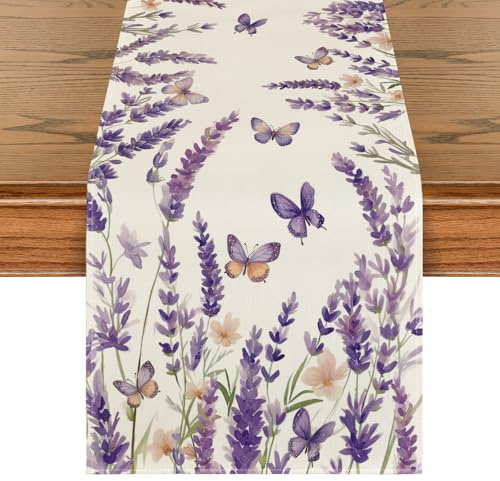 Artoid Mode Lila Blumen Lavendel Schmetterling Frühling Tischläufer, Saisonnal Küche Tisch Dekoration Drinnen Urlaub Party Dekor 40x240 cm