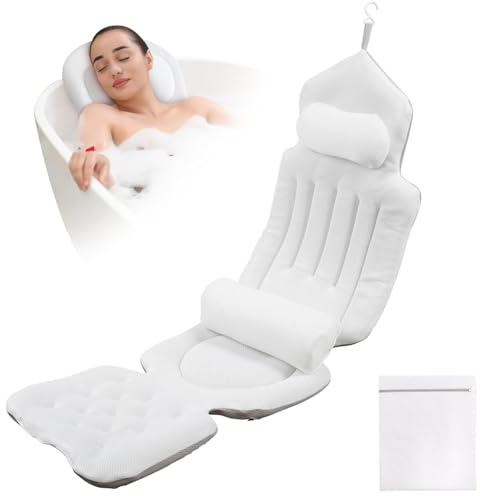 TOOSOAR Coussin de Bain Complet,avec Soutien Lombaire Amovible et Sac à Linge,Confort Détente Spa Accessories Parfait pour l'immersion dans la Baignoire(Blanc)