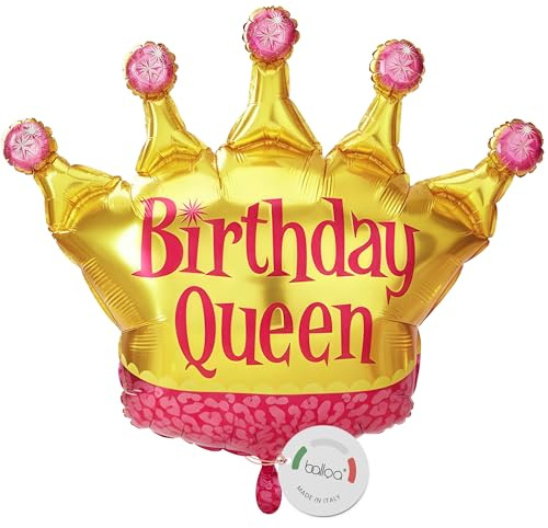 balloa Kronenballon Birthday Queen Gold, XXL Folienballon, 75 cm | Goldene Krone mit pinkem Birthday Queen Schriftzug, XXL, heliumgeeignet, ungefüllt, Geburtstagsdeko für Frauen