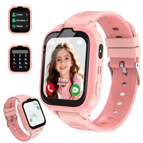 POFIBO Smartwatch Kinder mit GPS und Telefon - 4G Kinder Smartwatch mit SOS-Notruf, Schulmodus, Sprachchat, Wecker und Langer Akkulaufzeit für Videoanrufe,Geschenk für Mädchen/Junge(Hellrosa)