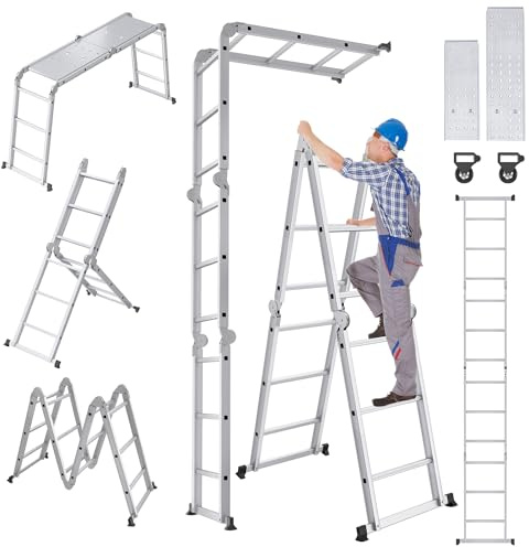 SAILUN Multi-Purpose Ladder, 6-in-1 Folding Adjustable Ladder, Work Platform with 2 Scaffold Plates, 150kg Capacity, Anti-Slip Feet, for Home, Office, 4 x 3 Steps