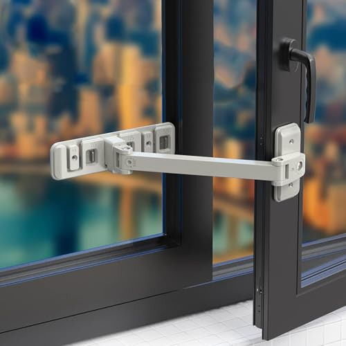 Ousuwo 1 cerradura de ventana, restrictor de seguridad ajustable autoadhesivo para ventanas de apertura interior/exterior y puertas correderas, ABS sin taladro, pestillo blanco a prueba de niños y