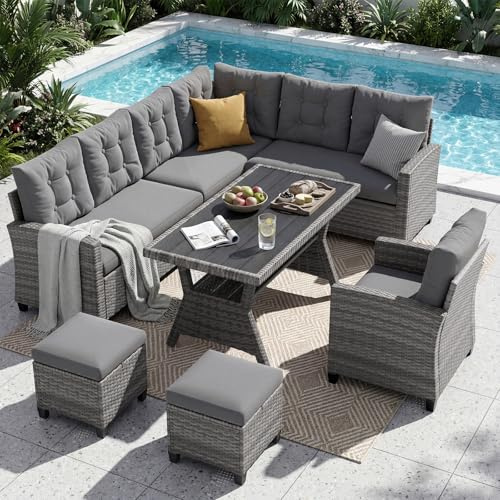 UDPATIO 9 Seat Rattan Garden Furniture Set | Outdoor Weatherproof Sofa with Dining Table Extra Armchair 2 Stools | Patio Conversation Sofa | Conservatory Furniture with Thickened Cushions | Grey