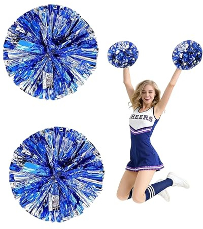 Fonyiunce 2 Stück Cheerleading Pompons, Bright Metallic Cheers Ball, Cheers Ball Pompoms, Pom Poms Cheerleading mit Griffen Pom für für Sportwettbewerb Tanzen Cheers Erwachsene Kinder (Blau)