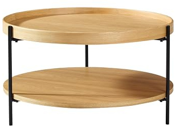 Modern 2-Tier Round Coffee Table, Nordic Style MDF with Real Wood Veneer Tray Center Table, Sturdy Metal Frame Coffee Table for Living Room (Natural)