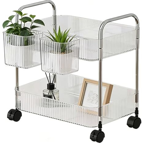 Générique Acrylic Rolling Storage Cart - Multi-Layer Organizer with Lockable Wheels | 2/3/4 Tier Snack Storage with Hangable Baskets, Portable Durable Cart for Home Office Kitchen Laundry Bathroom